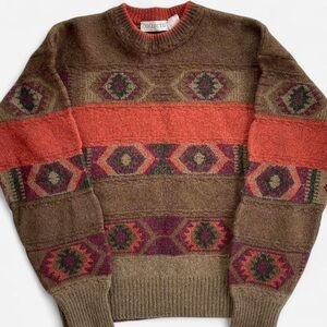 Vintage Collectif Acrylic Wool Mohair Blend Brown Orange Knit Aztec Sweater